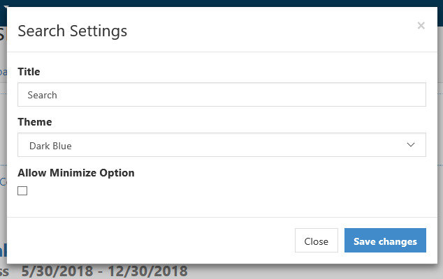 The Search Settings modal window with fields for Title, Theme selection set to Dark Blue, an Allow Minimize Option checkbox, and Close and Save changes buttons.