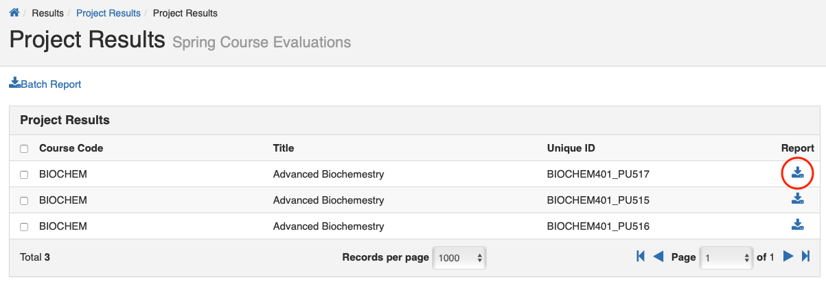 The Project Results page highlighting the Report icon next to an individual course section.