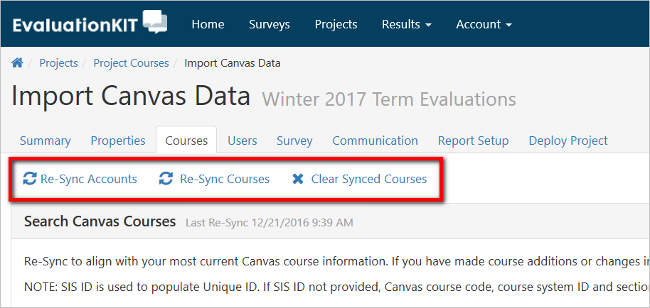 The Import Canvas Data page showing buttons for Re‑Sync Accounts, Re‑Sync Courses, and Clear Synced Courses highlighted under the Courses tab.