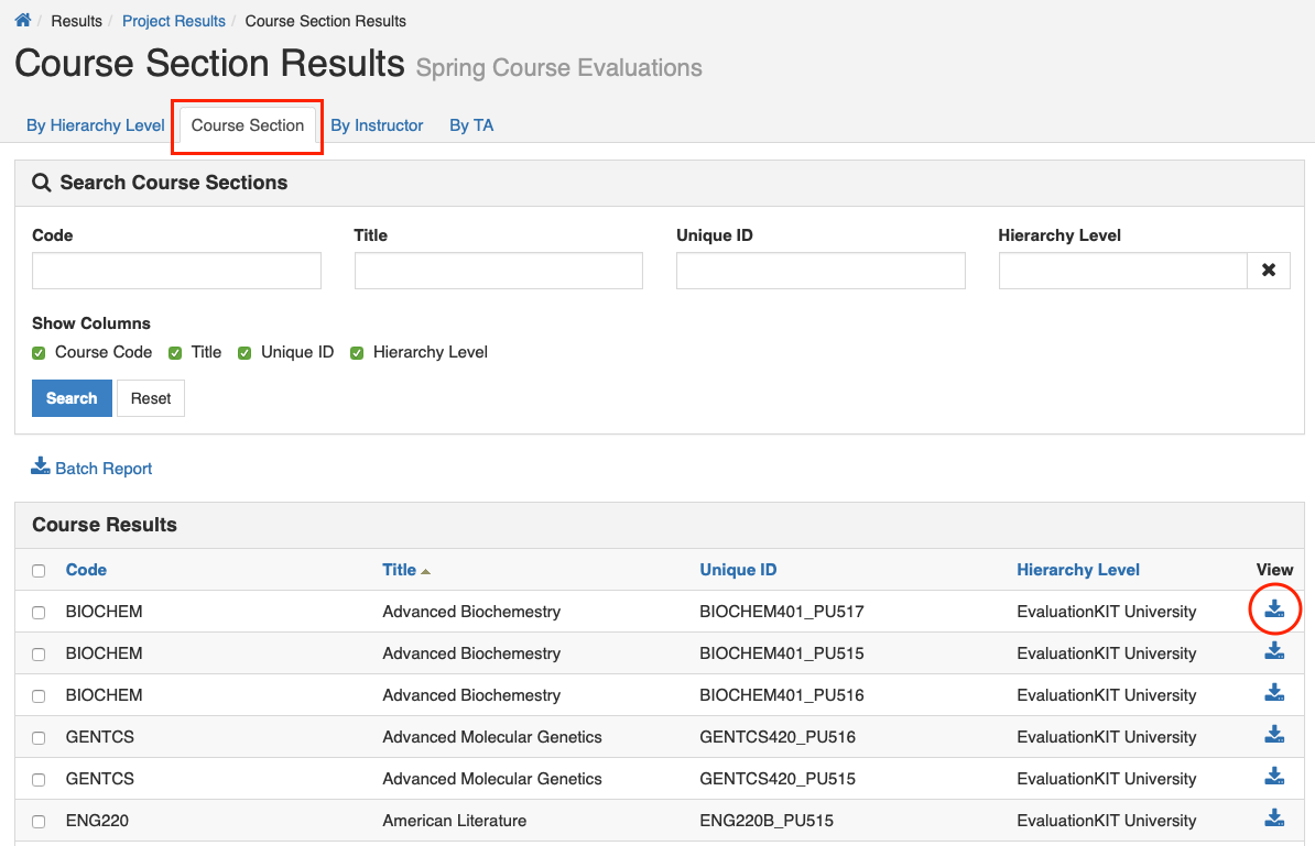 The Course Section Results page showing the Course Section tab selected with a table of course results and a highlighted download icon in the View column.