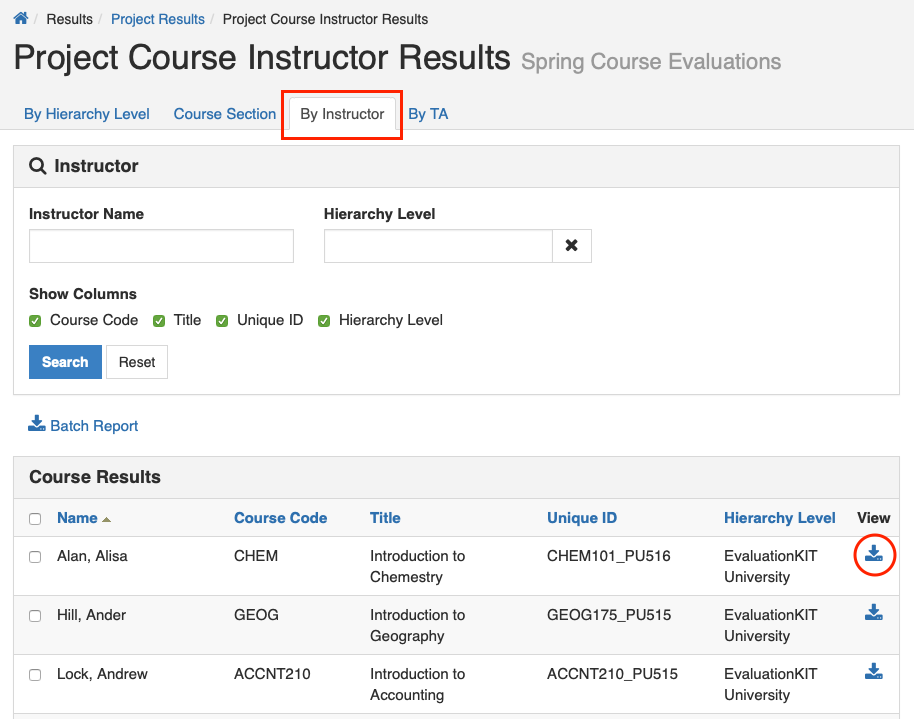 A project course instructor results page showing filters for instructor name and hierarchy level, column selection options, and a list of course results with instructor names, course codes, titles, unique IDs, and hierarchy levels, with a highlighted By Instructor tab and a highlighted download icon in the view column.