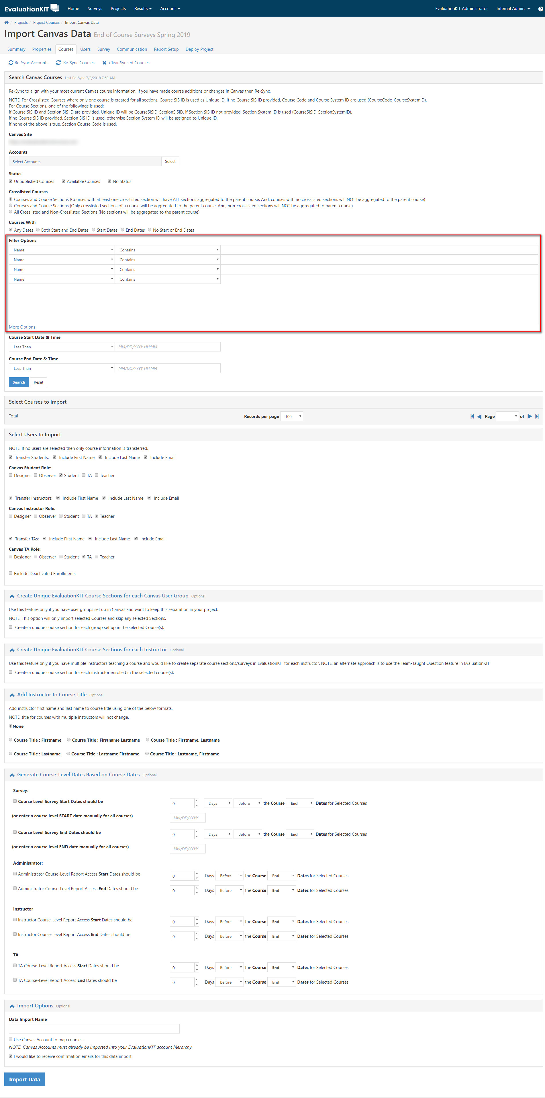 An import page showing various Canvas data import settings, including options for selecting source files, configuring field mappings, setting enrollment rules, and managing additional import parameters, with a highlighted section emphasizing a specific configuration area.