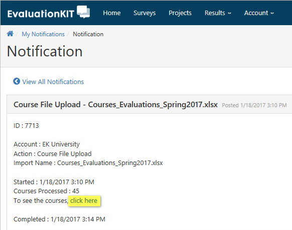 A notification page showing details of a course file upload, including file information, processing status, and a highlighted link to view the processed courses.