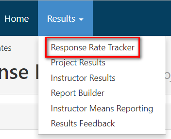 A Course Evaluations & Surveys interface showing the Results navigation menu with the Response Rate Tracker option highlighted.