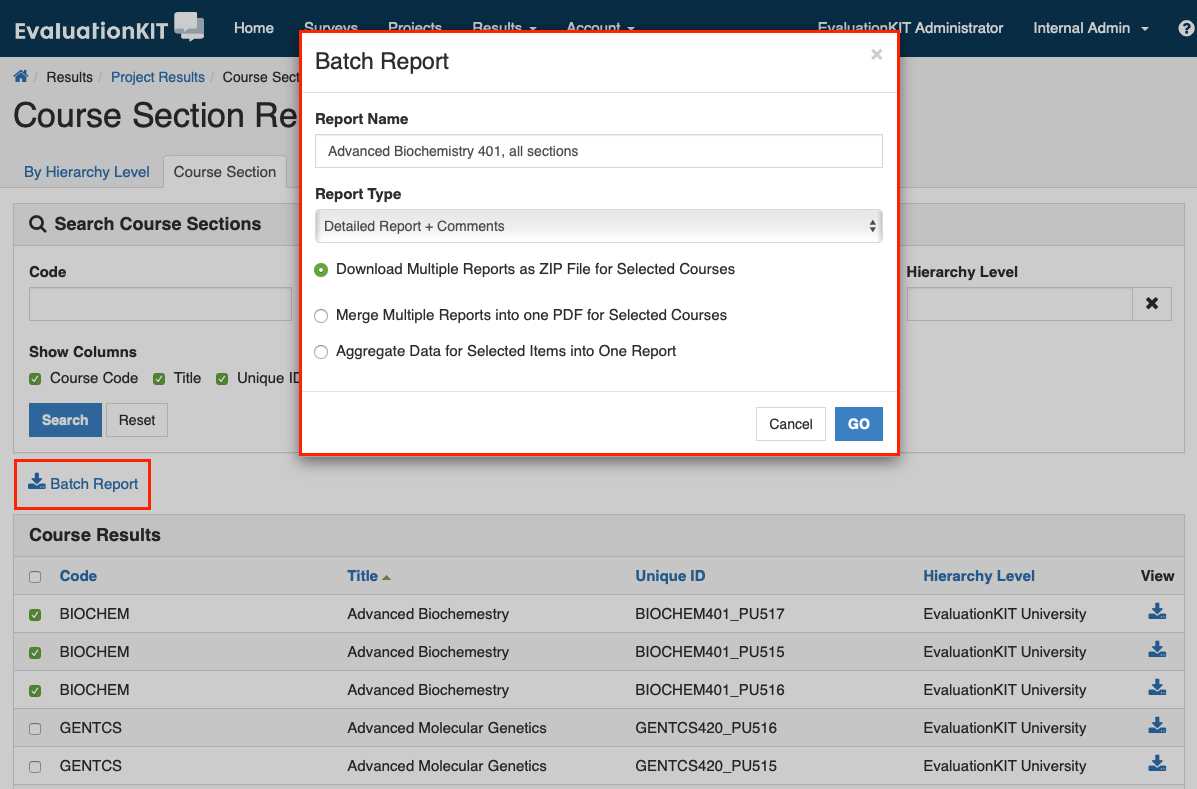 The Course Section Results page showing the Batch Report dialog open with report name and report type options displayed and the Go button visible at the bottom.