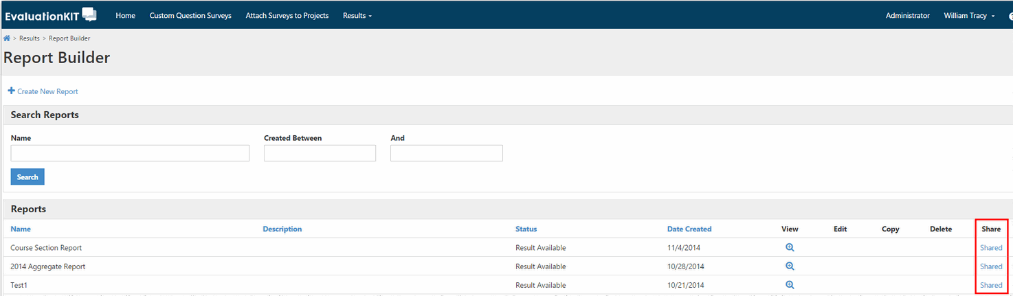 The Report Builder page showing Search Reports section with fields for name and created‑between dates and a Search button, followed by Reports table listing report name, description, status, date created, view, edit, copy, delete, and Share column, with Share column highlighted.