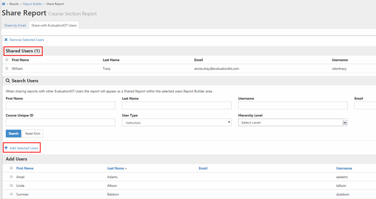 The Share Report page showing the Share with EvaluationKIT Users view with a list of shared users, search filters for adding users, and the Add Selected Users option highlighted.