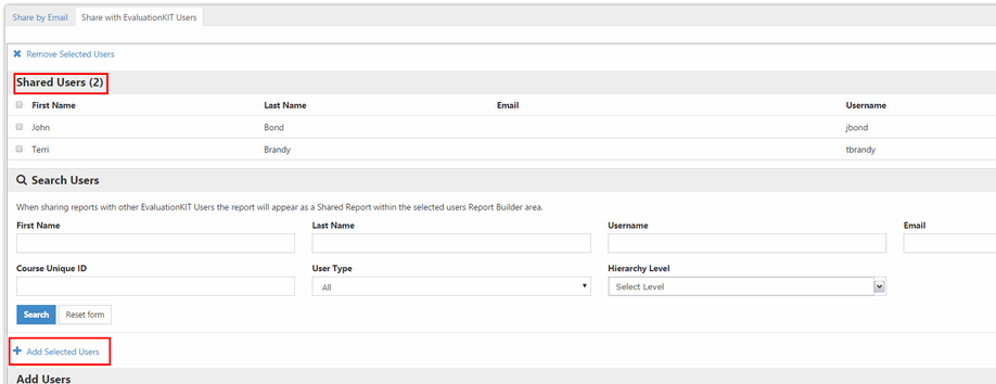 A report sharing page showing a list of shared users with their first name, last name, email, and username, along with a search section for finding additional users and a highlighted Shared Users label and Add Selected Users option.