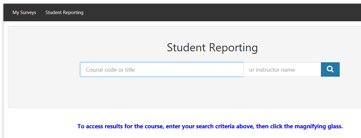 The Student Reporting page showing search fields for course code or title and instructor name with a search button, followed by instructional text for accessing course results.
