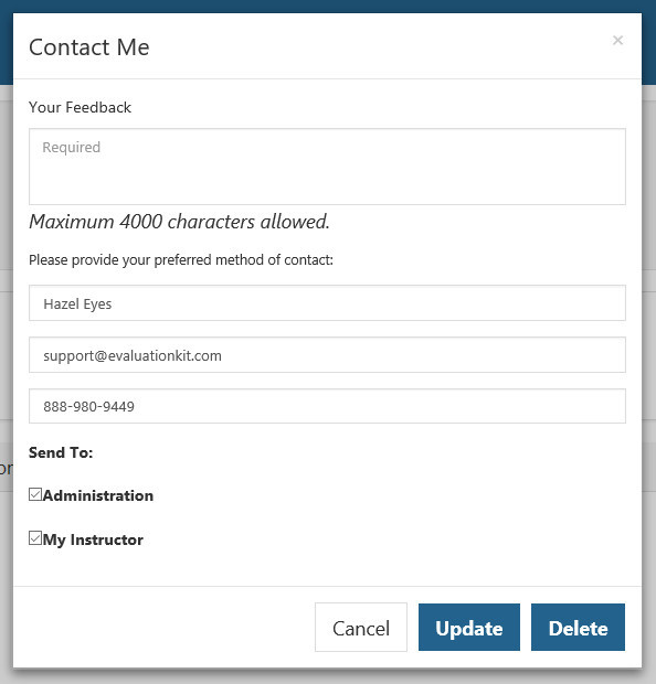 The Contact Me panel showing a feedback text box, fields for preferred contact name, email, and phone, Send To checkboxes for Administration and My Instructor, and Cancel, Update, and Delete buttons.