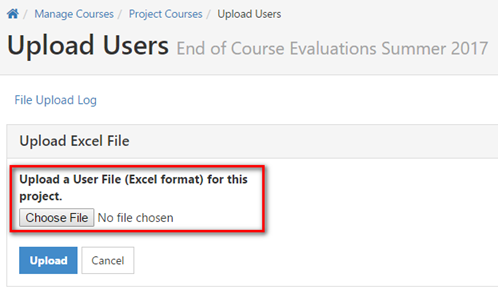 The Upload Users page showing an Upload Excel File section with a highlighted area showing the prompt to upload a user file in Excel format, showing a Choose File button with no file selected, and showing Upload and Cancel buttons.