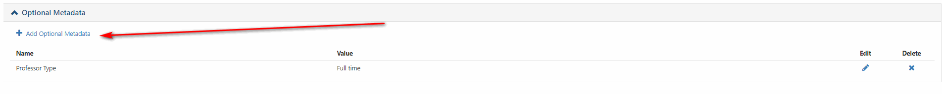 An optional metadata section showing an Add Optional Metadata link highlighted, along with a metadata entry listing Professor Type and its value.