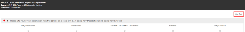 A course evaluation page showing a rating question with response options and an Opt Out button highlighted.
