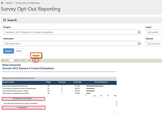 A survey opt‑out reporting page showing project and course filters, an Export button highlighted, and a report displaying response options with weights, frequencies, percentages, and percent responses, along with counts for number of responses to the question and number of opt‑outs highlighted.