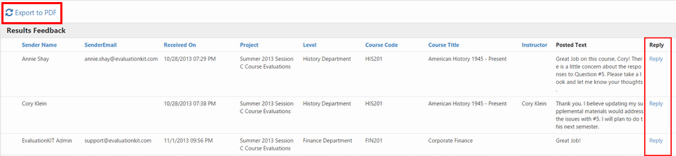 The Results Feedback page showing an Export to PDF button above a results table. The table displaying columns for Sender Name, Sender Email, Received On, Project, Level, Course Code, Course Title, Instructor, Posted Text, and a Reply button in the last column for each row.