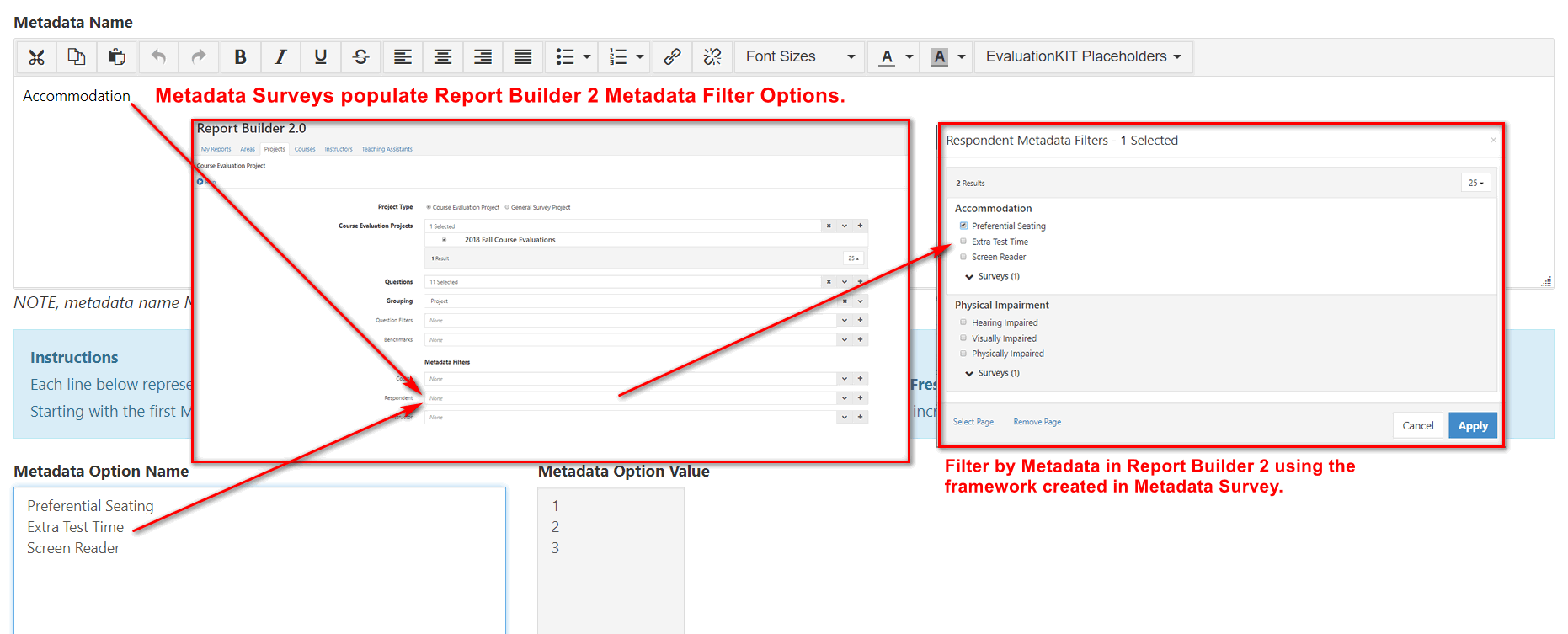 A metadata setup page showing the Metadata Name field labeled Accommodation and a list of metadata option names, along with examples showing how metadata surveys populate Report Builder 2.0 metadata filter options.