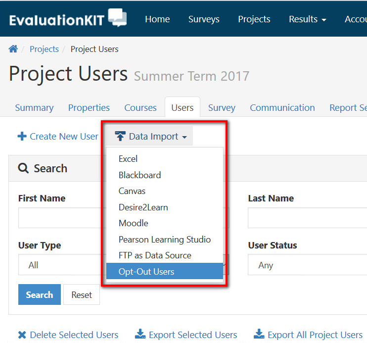 A project users page showing a Data Import menu with options including Excel, Blackboard, Canvas, Desire2Learn, Moodle, Pearson Learning Studio, FTP as Data Source, and a selected Opt‑Out Users option with entire data import section highlighted.