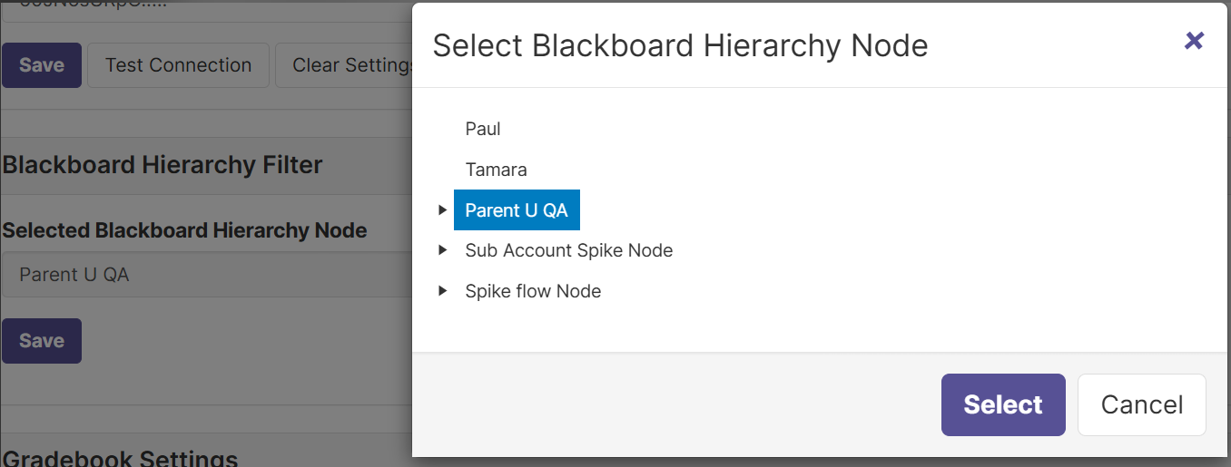 A pop-up window titled 'Select Blackboard Hierarchy Node' showing a list of nodes with 'Parent U QA' highlighted, and 'Select' and 'Cancel' buttons.