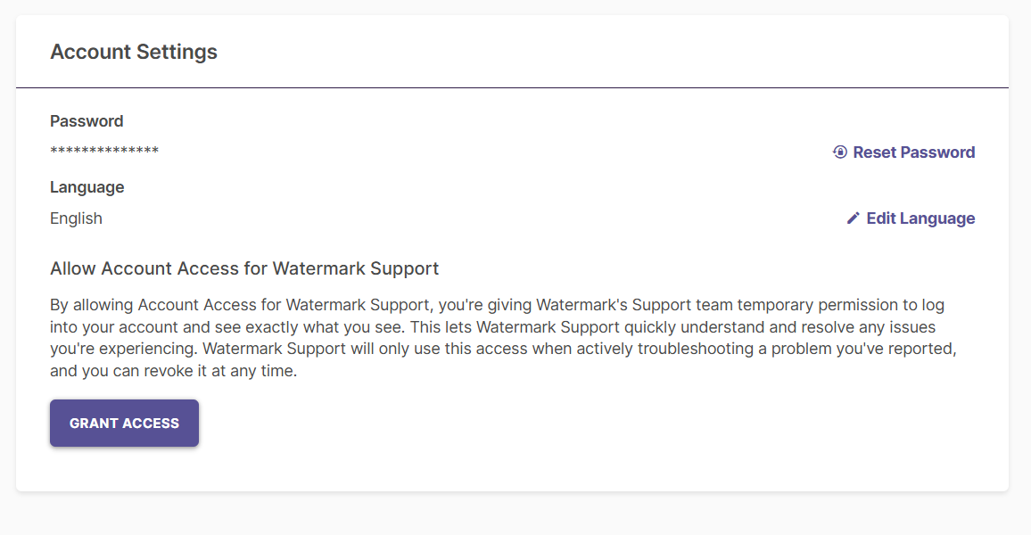 The Account Settings card on the user profile page highlighting the Support Access section.