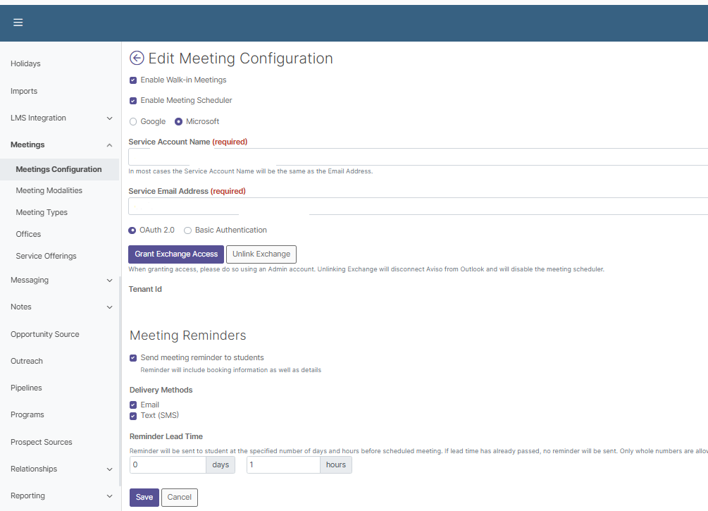 A meeting configuration page showing options for enabling meeting features, selecting authentication methods, managing email integration, and setting meeting reminder preferences with fields for delivery methods and lead time, along with an option to save.