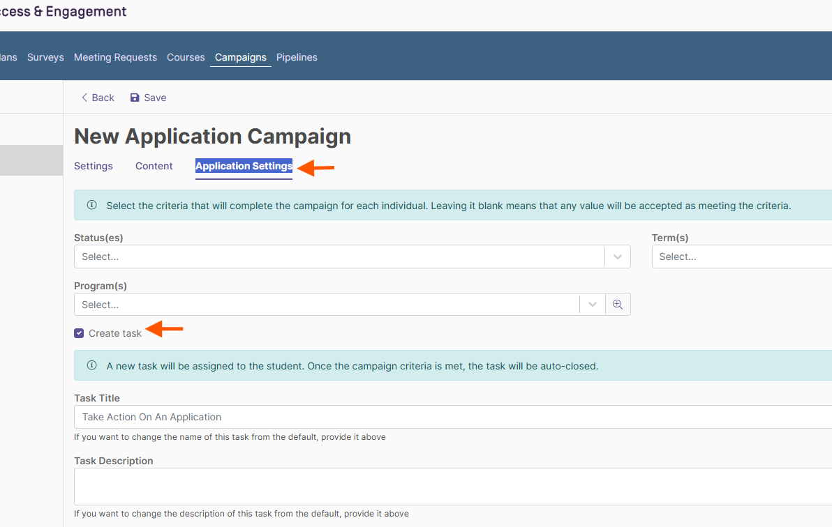 The New Application Campaign page showing the Application Settings tab selected, with criteria fields for Statuses, Programs, and Terms. The Create Task option enabled, revealing Task Title and Task Description fields below.