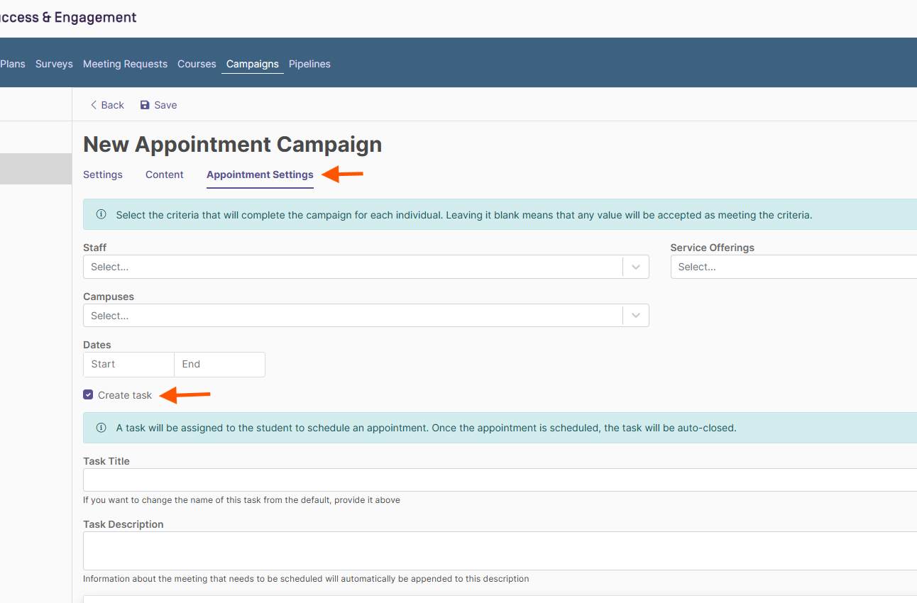 The New Appointment Campaign page showing the Appointment Settings tab selected with criteria fields for Staff, Service Offerings, Campuses, and Dates. The Create Task option enabled, revealing Task Title and Task Description fields below.
