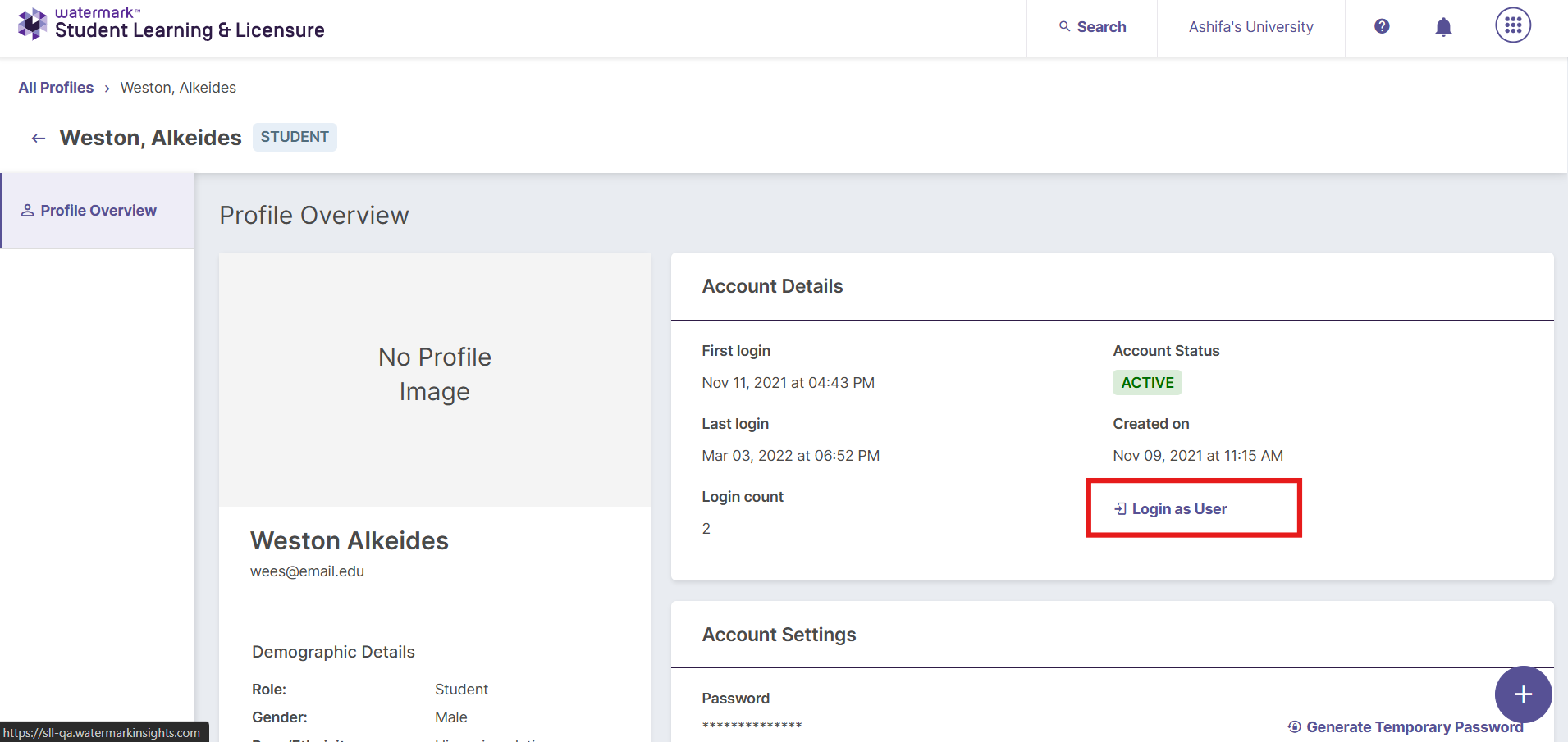 Screenshot highlighting the Login As button on a user profile