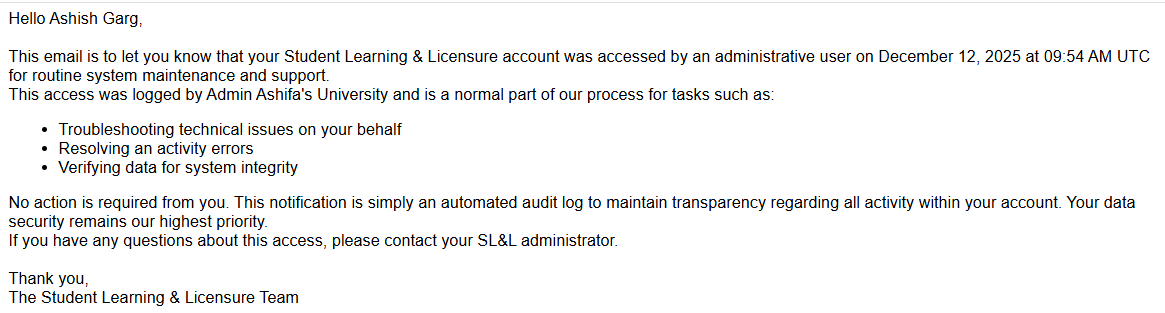 Example of the automated email notification sent to users during admin impersonation