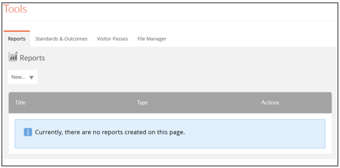 The Reports tab under the Tools page showing an empty reports table and a message stating that no reports have been created, along with a New dropdown button.