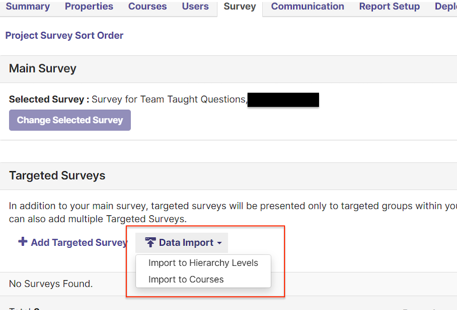 Screenshot showing the Data Import option under the Targeted Survey section