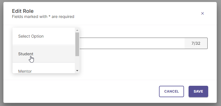 The Edit Role modal showing a role dropdown open to Select Option, Student, and Mentor, with Save and Cancel buttons at the bottom.