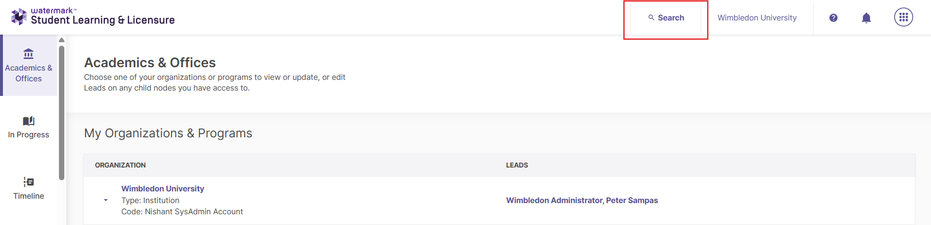 Screenshot showing the "Search" button in an administrator account