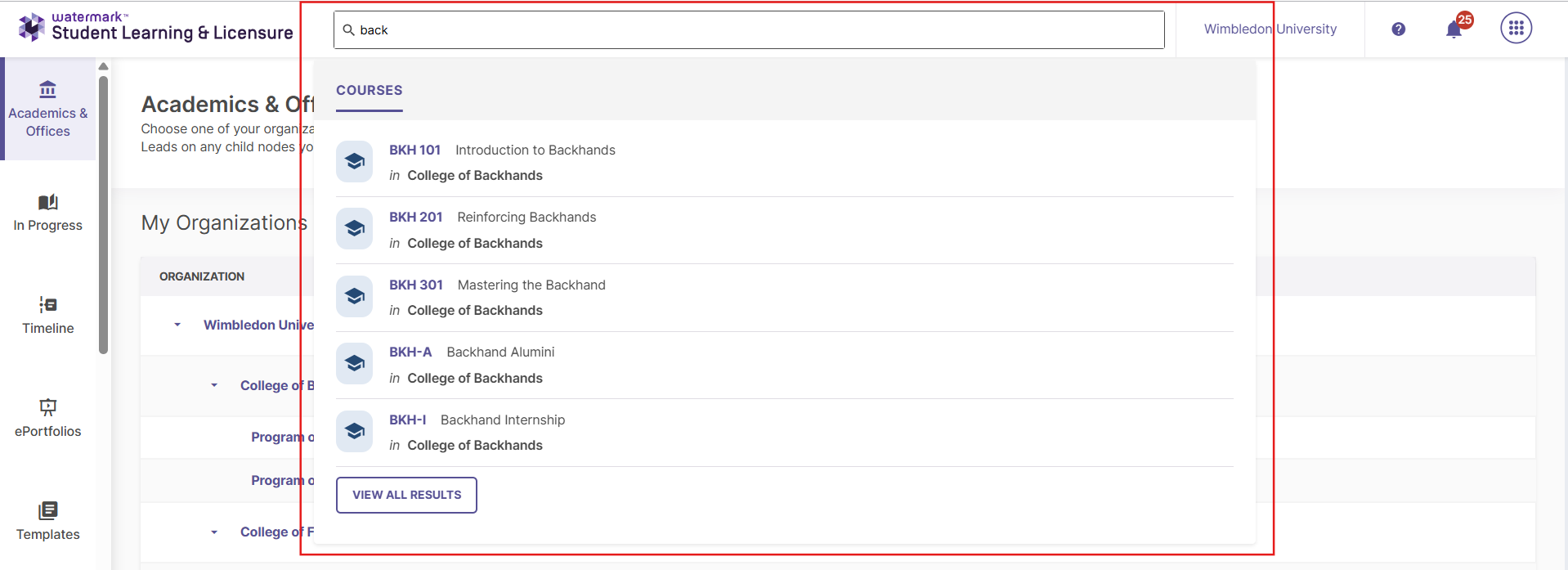 Screenshot showing search results