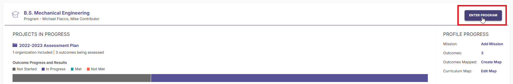 A program page for B.S. Mechanical Engineering showing the 2022–2023 Assessment Plan under projects in progress, with outcome progress and results indicators displayed. An Enter Program option is highlighted.