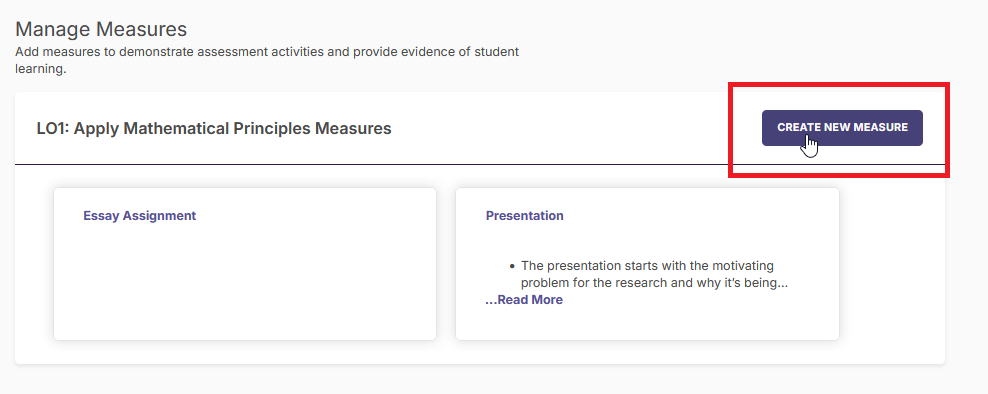 A Manage Measures page for LO1: Apply Mathematical Principles showing existing measures, including an essay assignment and a presentation, with an option to create a new measure highlighted.