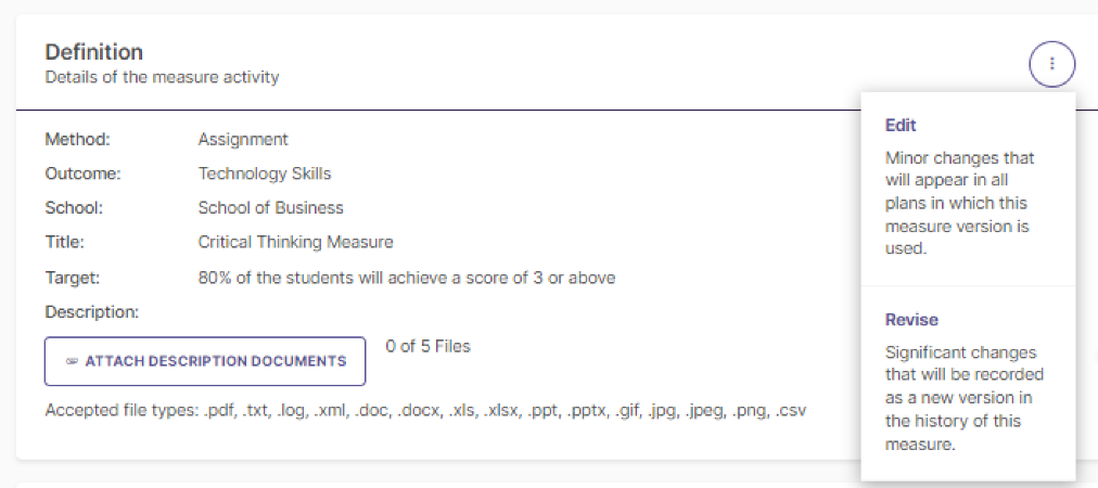 The measure definition panel showing method, outcome, school, title, target, and description details, with a menu open on the right offering options to edit or revise the measure.
