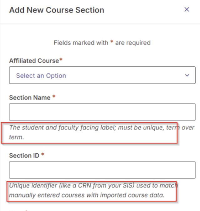 Toggle tips appearing in the Add New Course Section interface