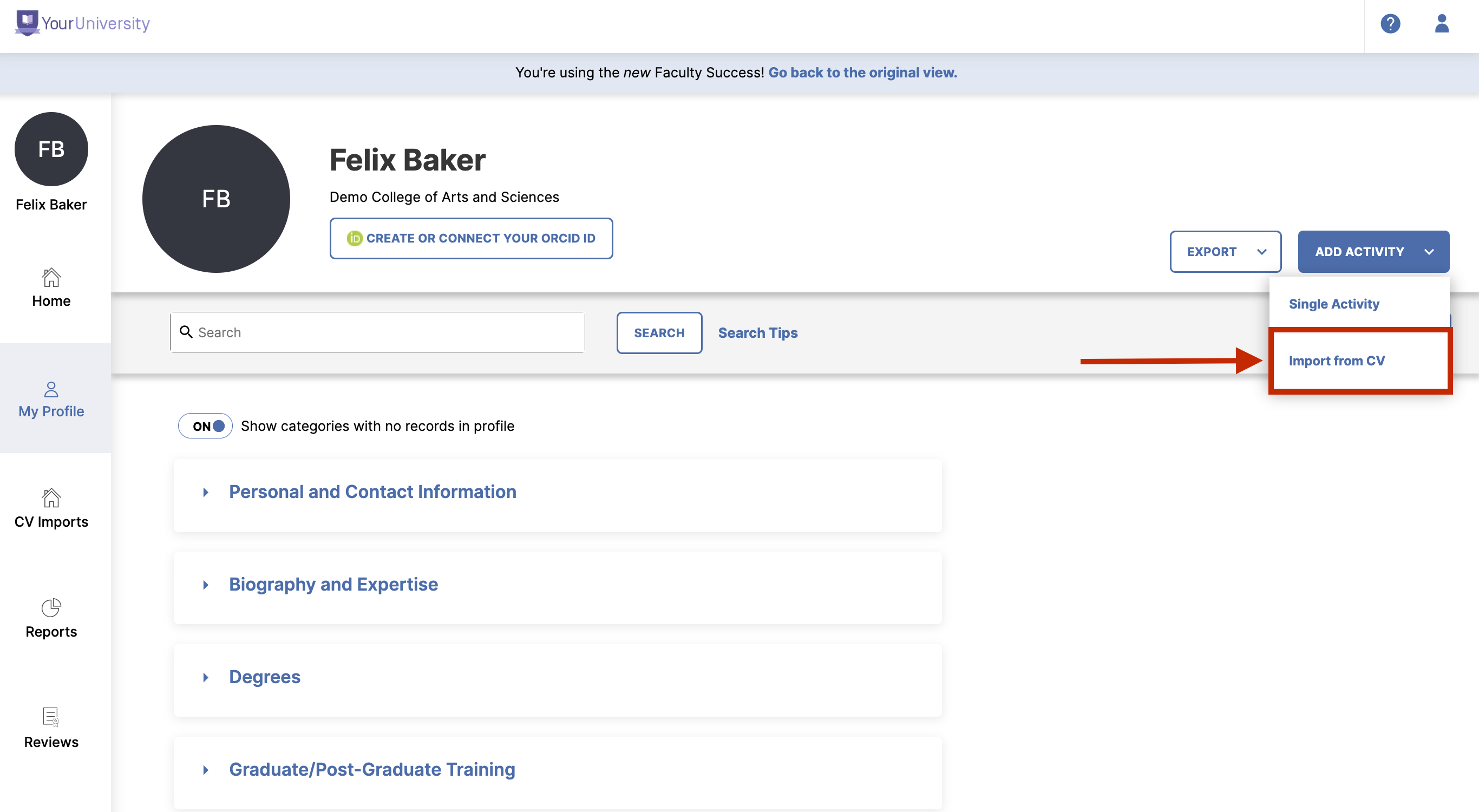 Screenshot showing how to get to CV imports from My Profile