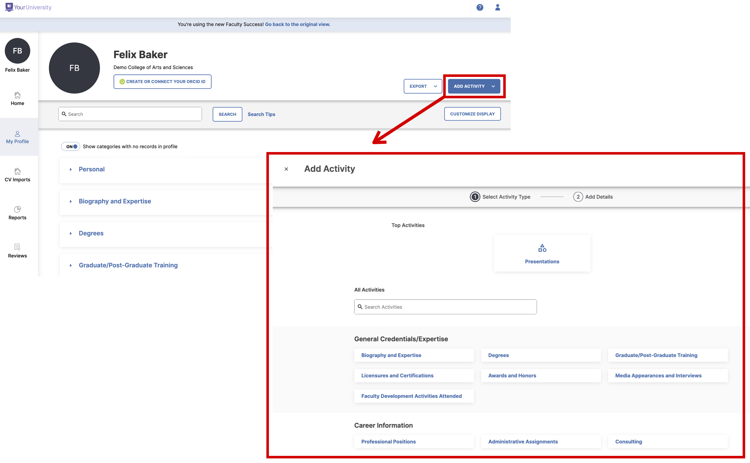 Screenshot showing the add activity button in the new faculty experience 