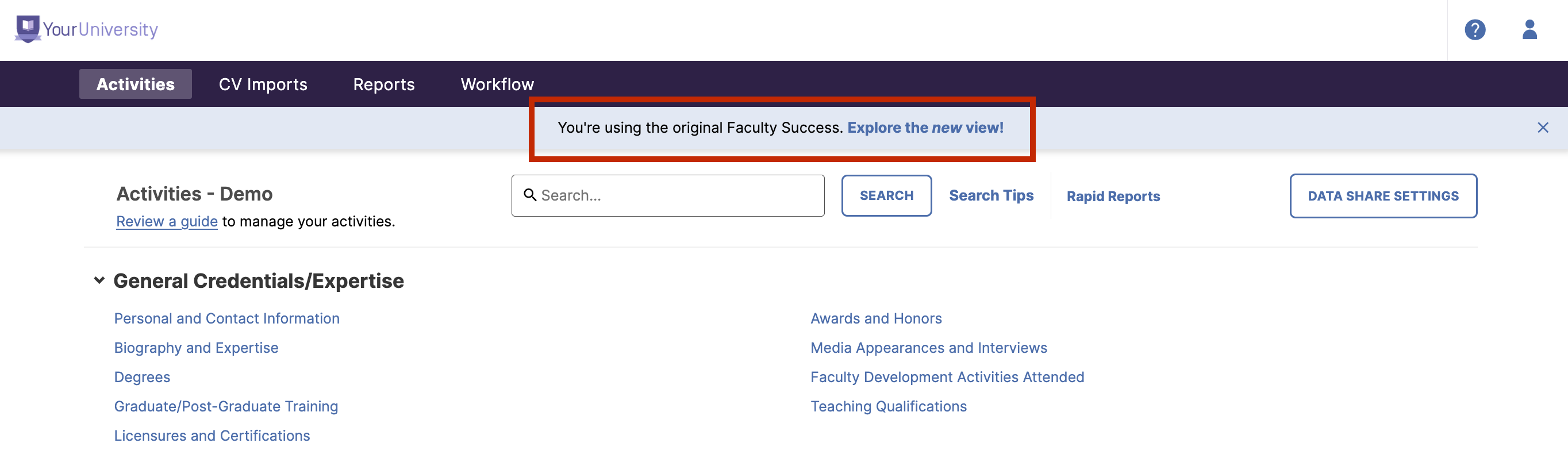Screenshot showing the banner to go to the new faculty experience