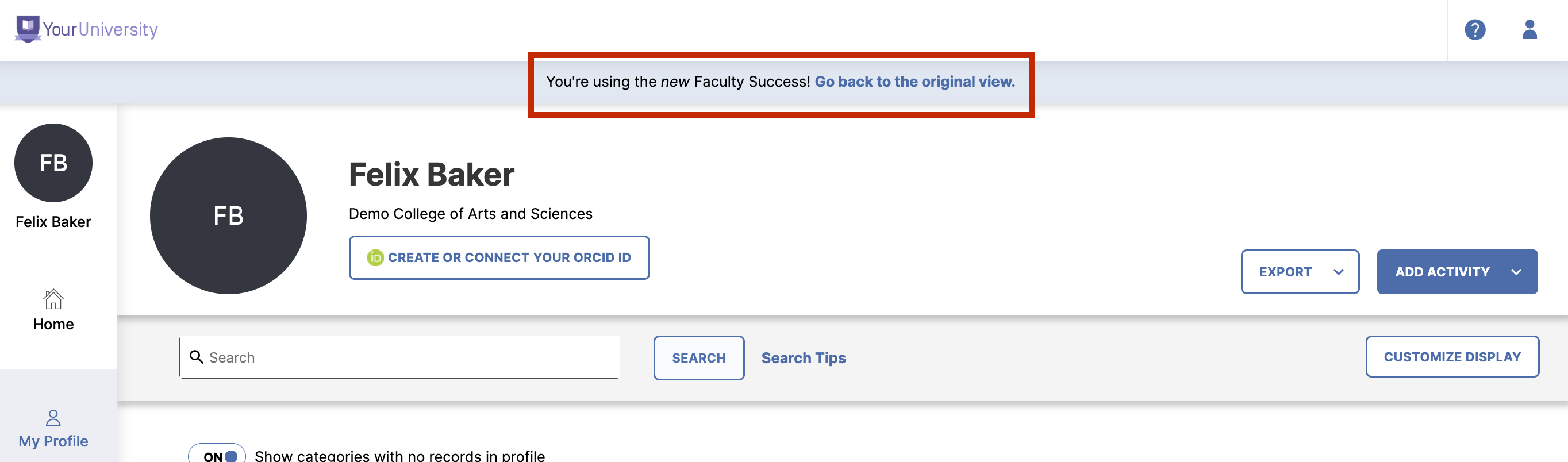 Screenshot showing the banner to go the current faculty experience