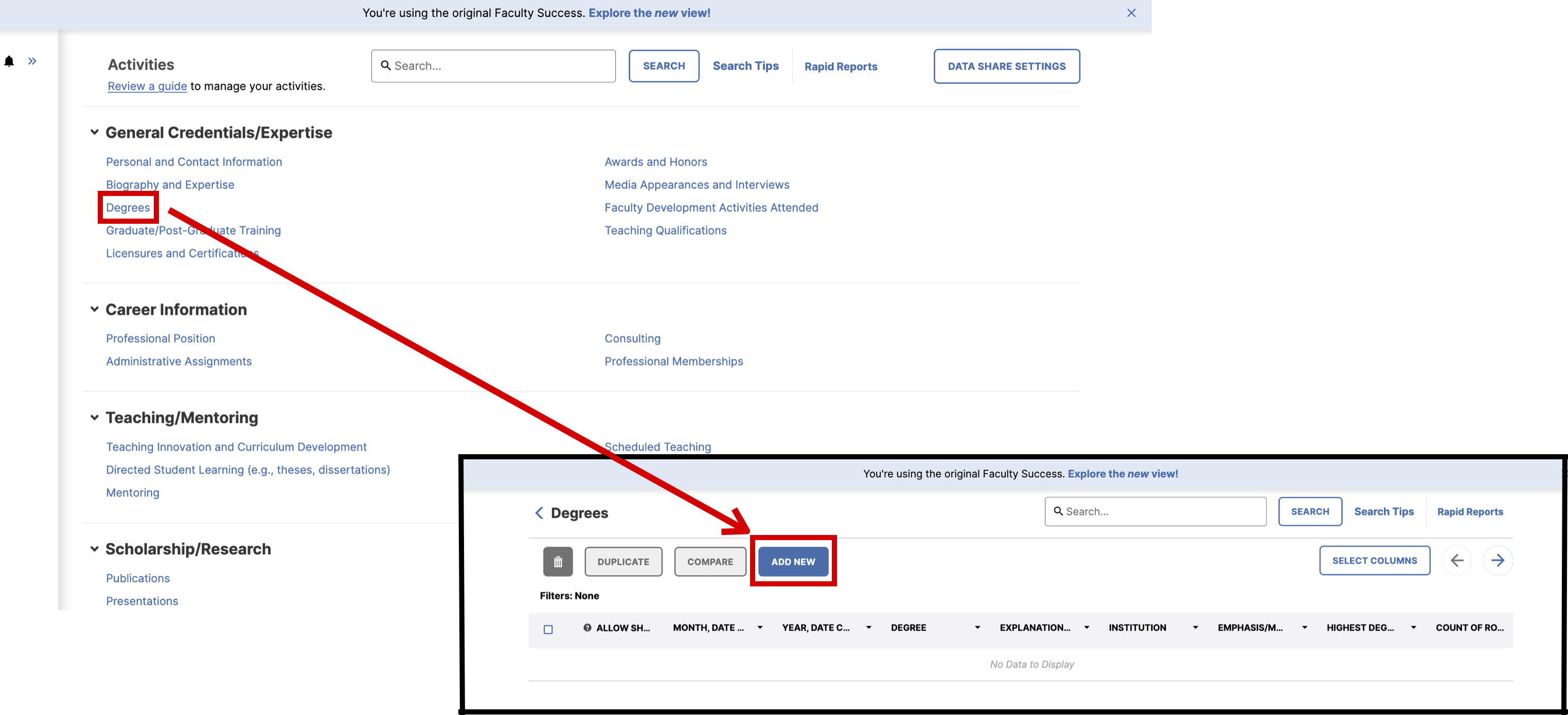 Screenshot showing an activity being added to the Degrees activity screen for the example mentioned above