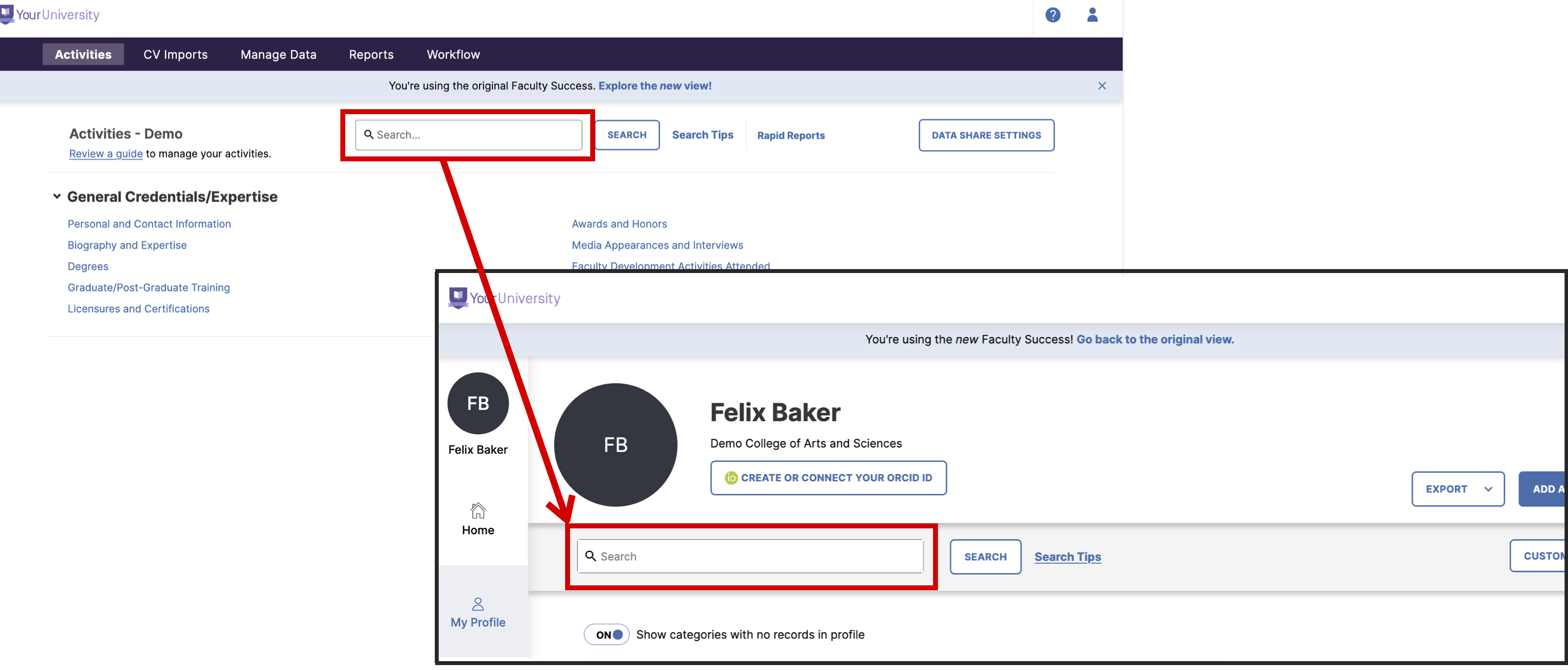 Screenshot showing the differences in location for the search bar between both faculty experiences 