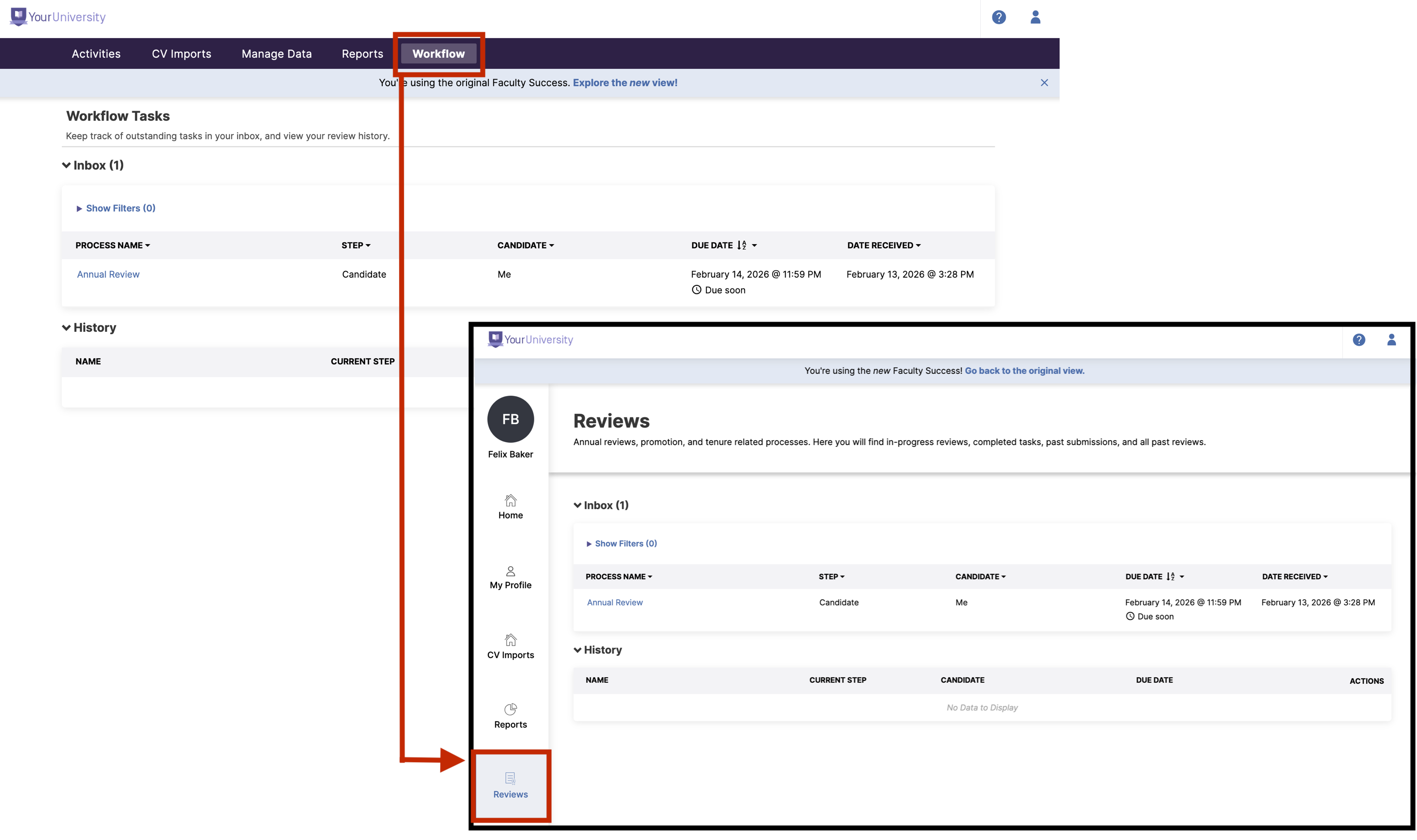 Screenshot showing the differences in location for Workflow in the current faculty experience and Reviews in the new faculty experience