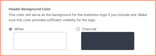 View of the website branding menu showing the 'Header Color' selection buttons. The 'White' and 'Charcoal' options are visible next to a real-time preview of the website header