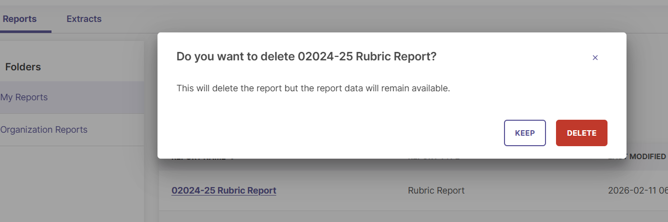 The confirmation prompt appearing before a report is deleted.