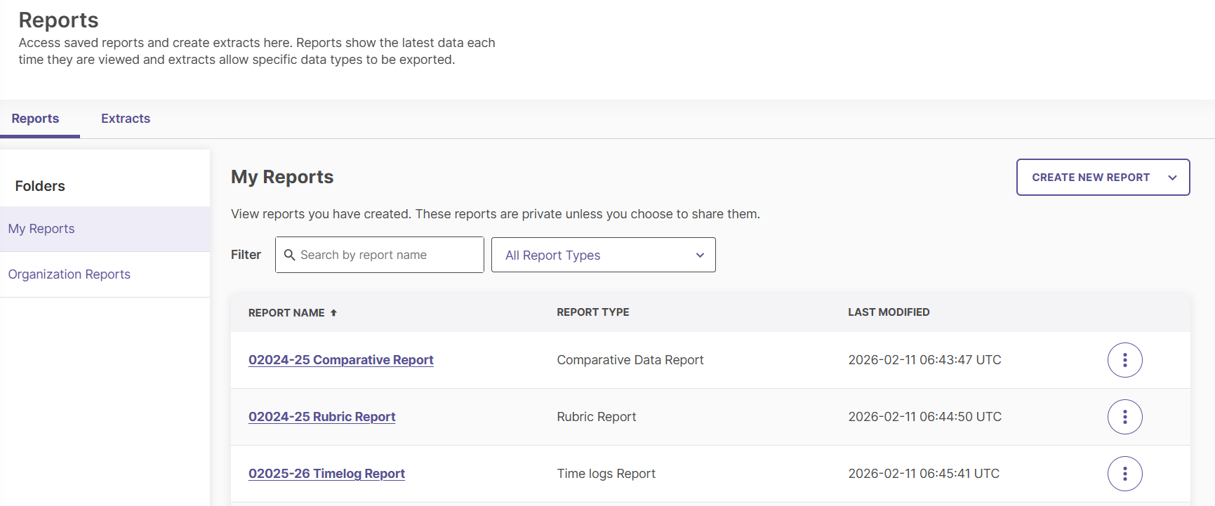 The My Reports screen showing a list of available reports.