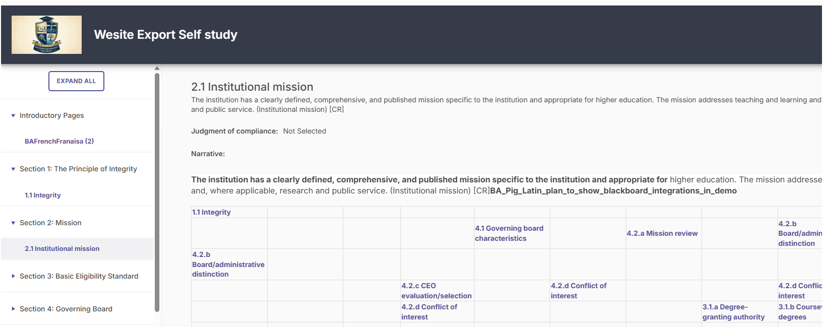 The website export page showing the self‑study content layout with a left navigation panel, an institutional mission section, and mapped standards displayed in the main content area.