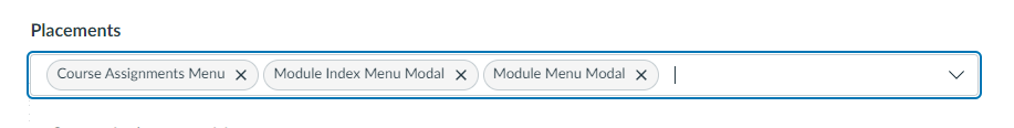 The Canvas Developer Keys page with the Placements section expanded, showing options like Course Assignments Menu, Module Index Menu Modal, and Module Menu Modal.