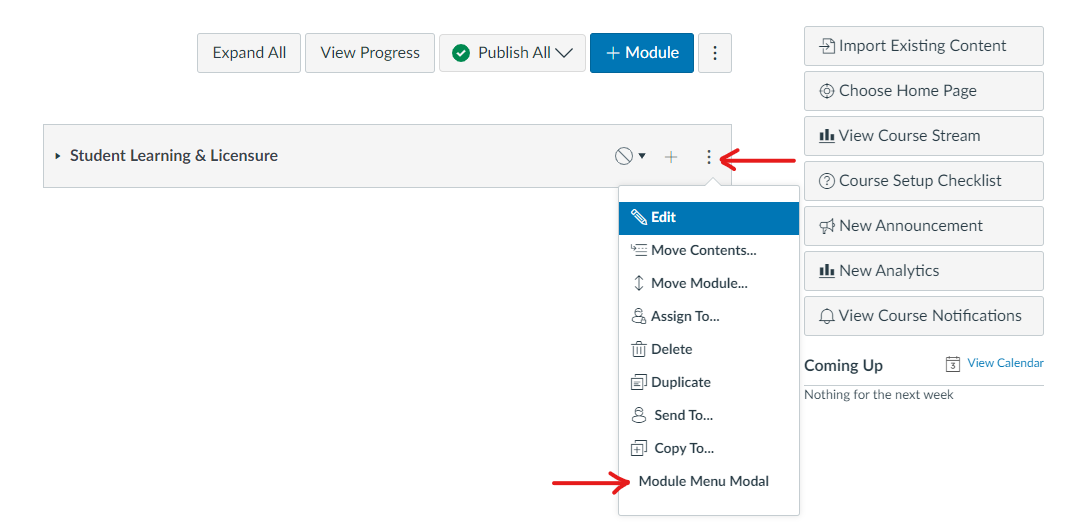 The Canvas Modules page, with the ellipses button next to an individual module highlighted.